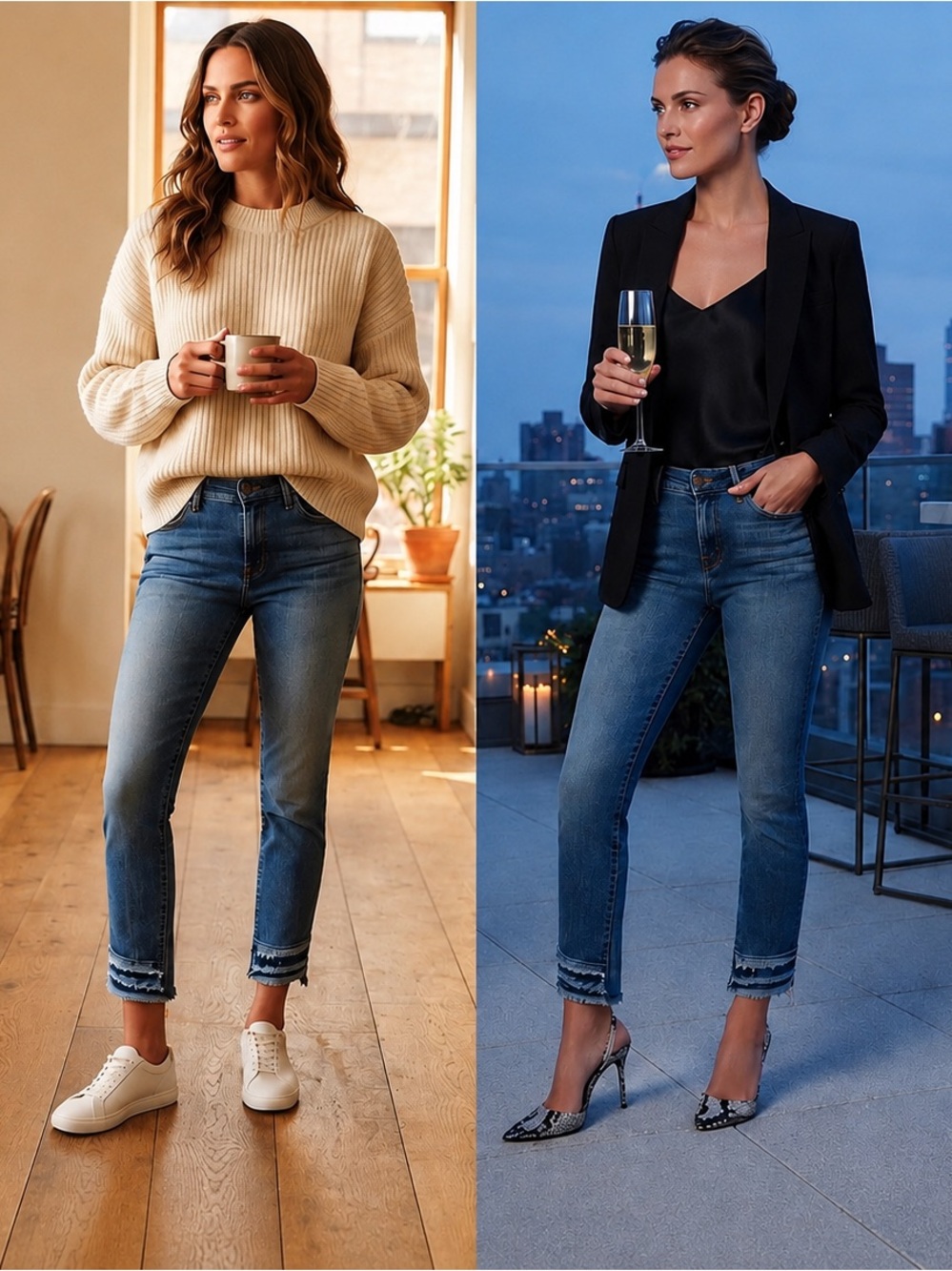 Classic Blue Cropped Jeans with Frayed Hem